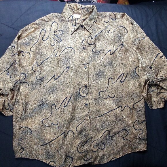Vintage Gloria Dee Abstract Strokes Gold Polyester Disco Shirt - Picture 2 of 6